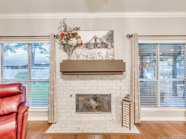 living room with crown molding, baseboards, wood finished floors, and a fireplace