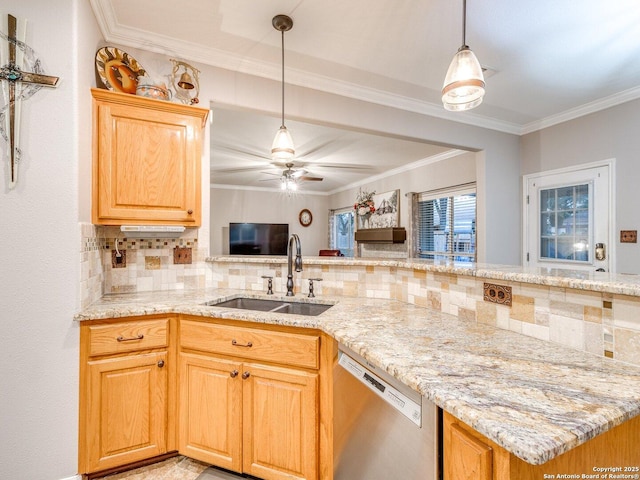 kitchen featuring stainless steel dishwasher, ornamental molding, a sink, and tasteful backsplash