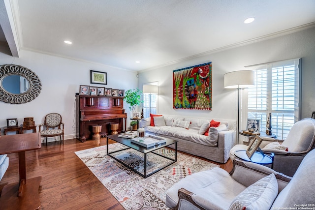 7731 Broadway Unit I-42, San Antonio, TX 78209 - living room featuring crown molding, wood finished floors, and a wealth of natural light