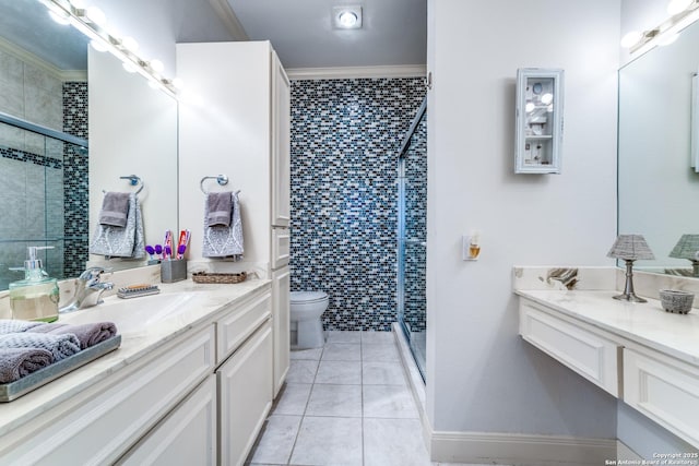 7731 Broadway Unit I-42, San Antonio, TX 78209 - full bath featuring tile patterned floors, ornamental molding, a stall shower, and toilet