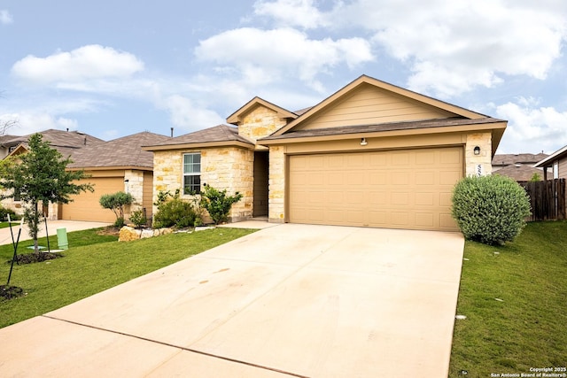 ranch-style home with driveway, a front lawn, stone siding, and a garage
