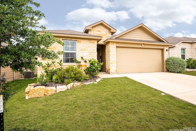 ranch-style house featuring a garage, a front lawn, central AC, stone siding, and driveway