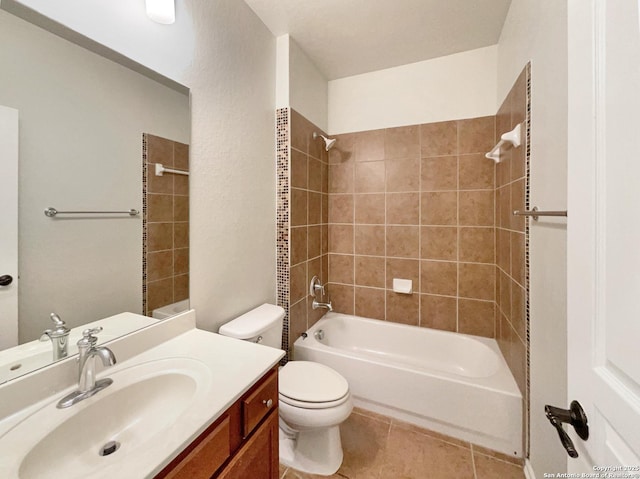full bathroom with toilet, washtub / shower combination, tile patterned flooring, and vanity