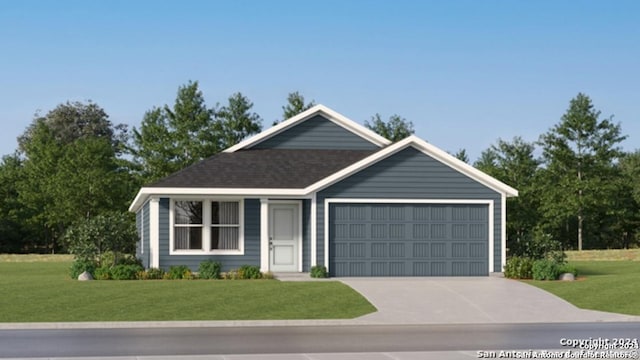 single story home featuring a garage, driveway, and a front lawn