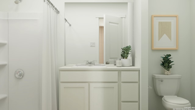 bathroom with vanity, toilet, and a shower with shower curtain