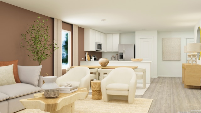 interior space with baseboards, light countertops, white cabinets, light wood finished floors, and stainless steel appliances