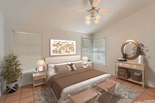 102-106 Oakhurst, San Antonio, TX 78209 - bedroom with tile patterned flooring, lofted ceiling, baseboards, and ceiling fan