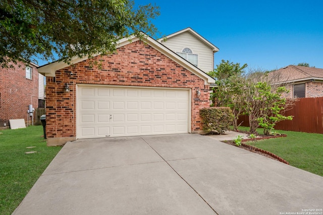 view of front of house featuring driveway, a front yard, brick siding, fence, and an attached garage