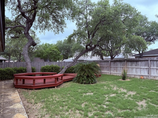 view of yard with a fenced backyard and a deck