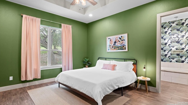 bedroom with recessed lighting, baseboards, a ceiling fan, and wood finished floors