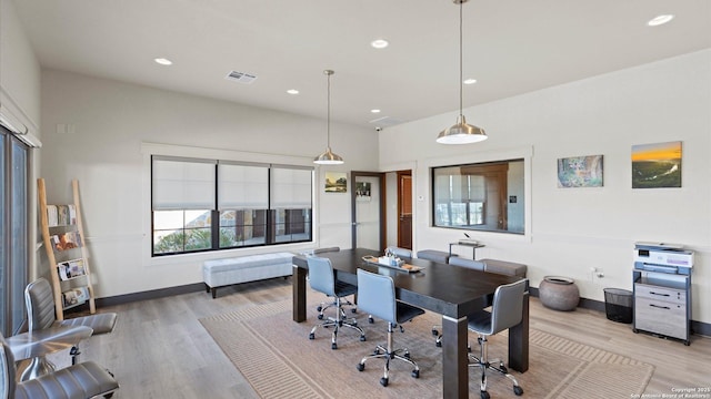 office area with visible vents, recessed lighting, baseboards, and wood finished floors