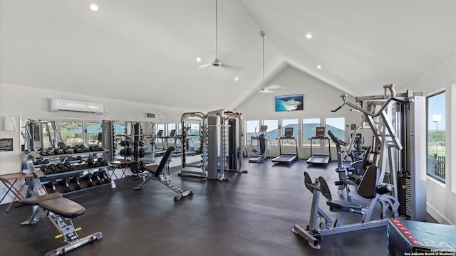 exercise room with a ceiling fan, high vaulted ceiling, recessed lighting, and a wall unit AC