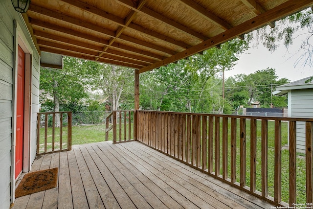 wooden terrace featuring a fenced backyard and a yard