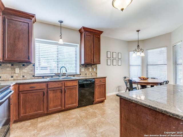 14051 Cedar Cyn, San Antonio, TX 78231 - kitchen with decorative backsplash, electric range, pendant lighting, a sink, and black dishwasher