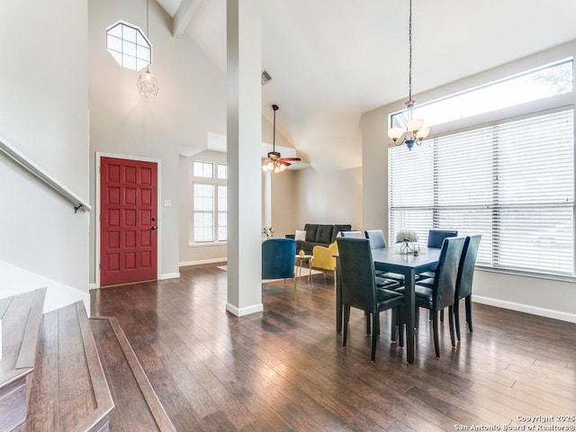14051 Cedar Cyn, San Antonio, TX 78231 - dining space featuring baseboards, wood finished floors, a healthy amount of sunlight, and high vaulted ceiling