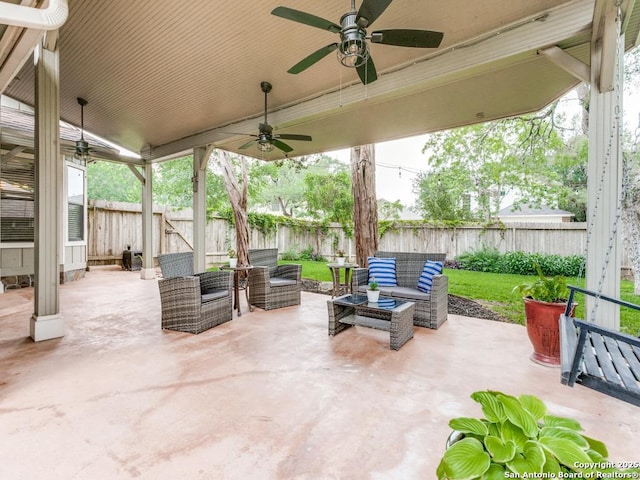 14051 Cedar Cyn, San Antonio, TX 78231 - view of patio with a fenced backyard, a ceiling fan, and outdoor lounge area
