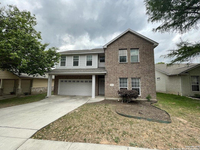 3622 Mill Mdw, San Antonio, TX 78247 - view of front of house with brick siding, driveway, an attached garage, and a front lawn