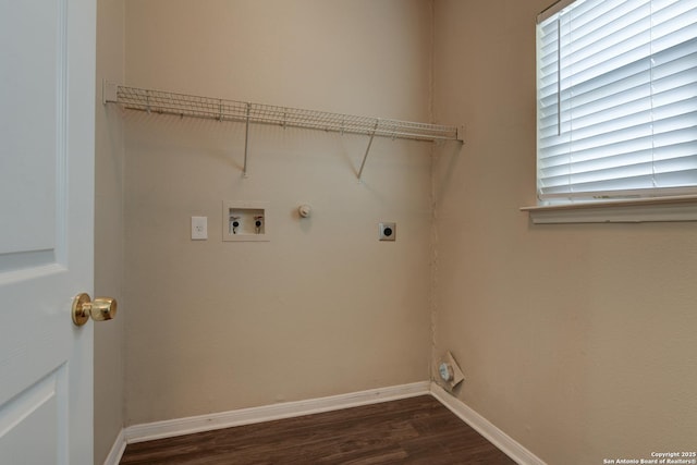 3622 Mill Mdw, San Antonio, TX 78247 - laundry room featuring electric dryer hookup, dark wood-style flooring, hookup for a washing machine, baseboards, and gas dryer hookup