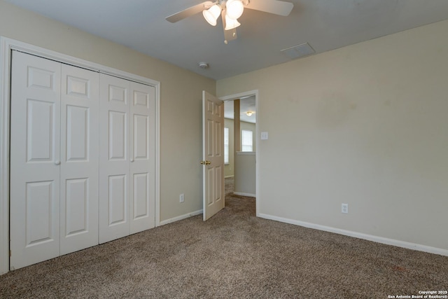 3622 Mill Mdw, San Antonio, TX 78247 - unfurnished bedroom featuring carpet, baseboards, a closet, and ceiling fan