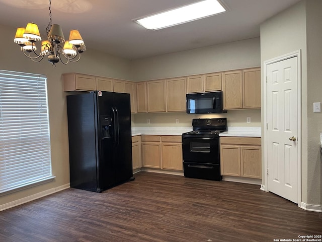 3622 Mill Mdw, San Antonio, TX 78247 - kitchen featuring black appliances, light brown cabinetry, a chandelier, and light countertops