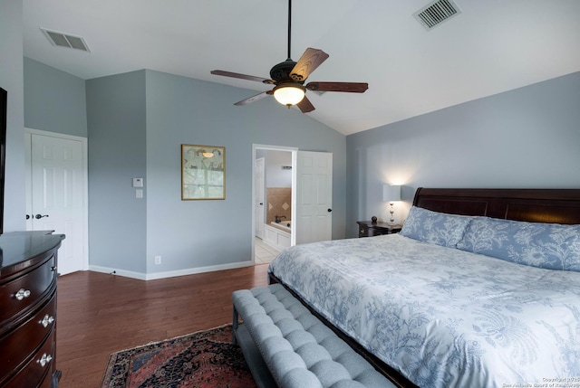 bedroom featuring baseboards, vaulted ceiling, dark wood-style floors, and visible vents