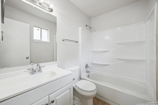 full bath with vanity, tub / shower combination, toilet, a textured ceiling, and tile patterned floors