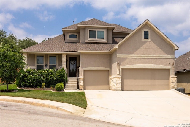 8623 Carmel Rose, Boerne, TX 78015 - view of front of house with stone siding, driveway, roof with shingles, and stucco siding