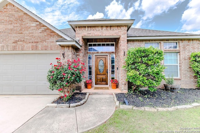 26923 Trinity Hts, San Antonio, TX 78261 - doorway to property with a garage, a shingled roof, concrete driveway, and brick siding