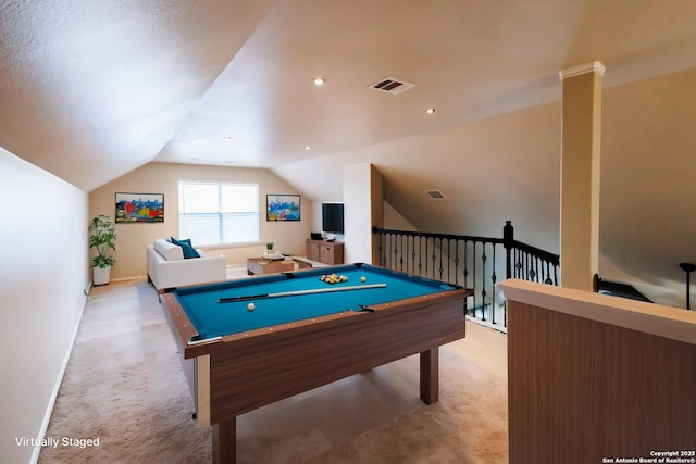 26923 Trinity Hts, San Antonio, TX 78261 - rec room with visible vents, lofted ceiling, pool table, and light carpet