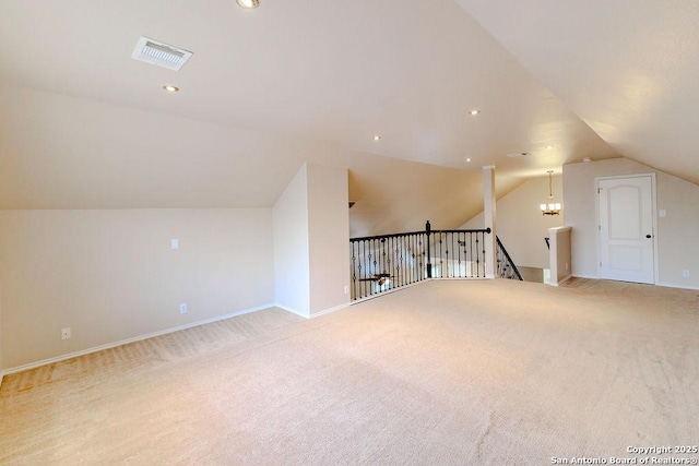 26923 Trinity Hts, San Antonio, TX 78261 - bonus room featuring light colored carpet, visible vents, vaulted ceiling, baseboards, and recessed lighting