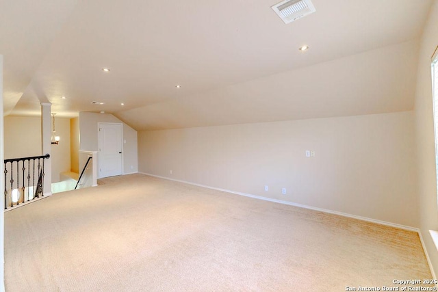 26923 Trinity Hts, San Antonio, TX 78261 - additional living space with visible vents, light colored carpet, baseboards, lofted ceiling, and recessed lighting