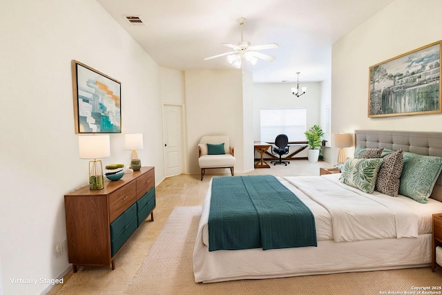 26923 Trinity Hts, San Antonio, TX 78261 - bedroom with an inviting chandelier, baseboards, light carpet, and visible vents