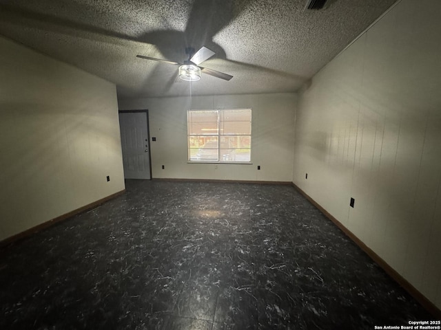 704 Cantrell, Jourdanton, TX 78026 - unfurnished room with a ceiling fan, a textured ceiling, visible vents, and baseboards