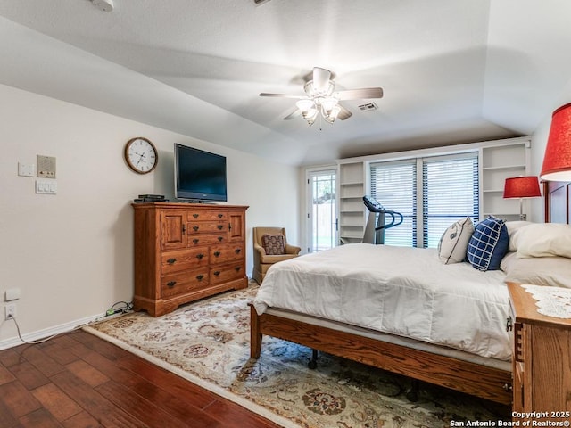 13907 Bluffmont, San Antonio, TX 78216 - bedroom with access to exterior, visible vents, wood finished floors, baseboards, and lofted ceiling