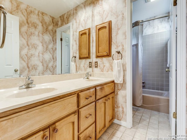 13907 Bluffmont, San Antonio, TX 78216 - full bath with a sink, tile patterned flooring, wallpapered walls, and double vanity