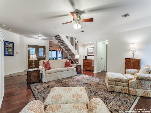 13907 Bluffmont, San Antonio, TX 78216 - living room featuring a ceiling fan, visible vents, stairway, baseboards, and dark wood-type flooring