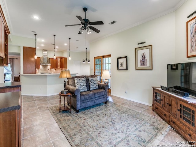13907 Bluffmont, San Antonio, TX 78216 - living area featuring crown molding, visible vents, ceiling fan, recessed lighting, and light tile patterned floors