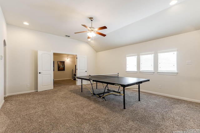 2623 Galit Cv, San Antonio, TX 78230 - recreation room featuring visible vents, lofted ceiling, baseboards, ceiling fan, and carpet flooring