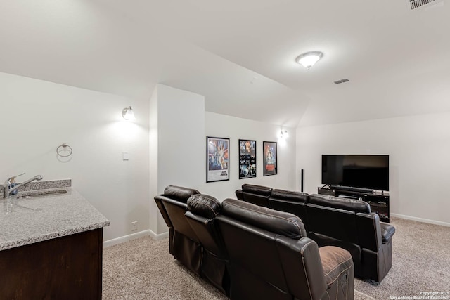 2623 Galit Cv, San Antonio, TX 78230 - home theater with a sink, baseboards, light carpet, and visible vents