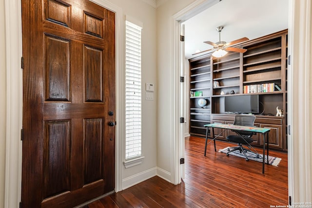 2623 Galit Cv, San Antonio, TX 78230 - entryway featuring a ceiling fan, baseboards, dark wood-style floors, and a healthy amount of sunlight