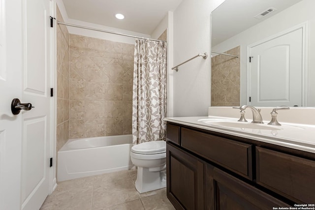 2623 Galit Cv, San Antonio, TX 78230 - bathroom featuring visible vents, vanity, shower / bath combo with shower curtain, toilet, and tile patterned floors