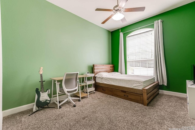 2623 Galit Cv, San Antonio, TX 78230 - carpeted bedroom featuring vaulted ceiling, baseboards, and a ceiling fan