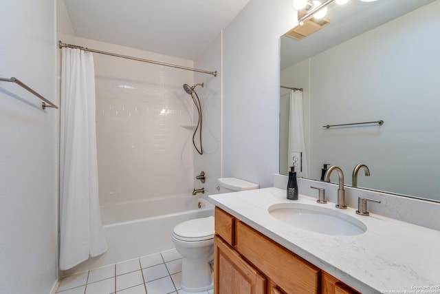 bathroom featuring tile patterned flooring, shower / tub combo with curtain, visible vents, vanity, and toilet