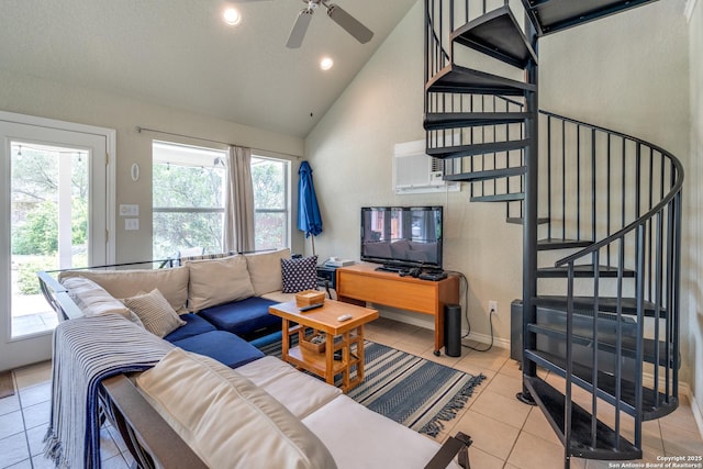 tiled living room featuring stairway, ceiling fan, recessed lighting, and a wealth of natural light