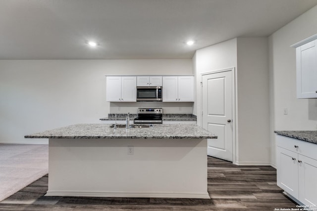 5014 Jovian, San Antonio, TX 78245 - kitchen featuring appliances with stainless steel finishes, a sink, light stone counters, recessed lighting, and an island with sink