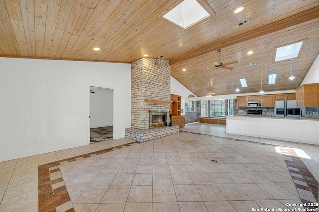 unfurnished living room with a skylight, wood ceiling, recessed lighting, and visible vents