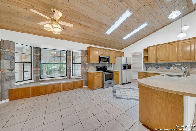 kitchen with ceiling fan, tasteful backsplash, a sink, appliances with stainless steel finishes, and light tile patterned floors