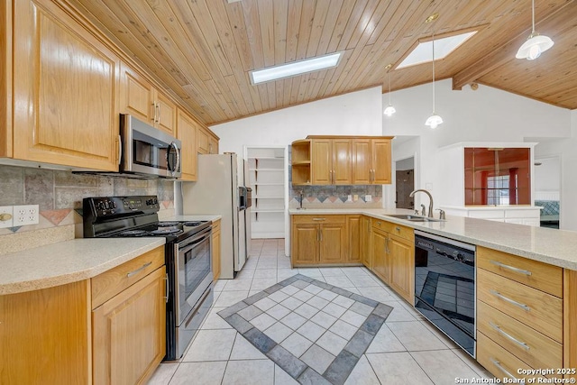 kitchen featuring range with electric stovetop, open shelves, a sink, stainless steel microwave, and black dishwasher