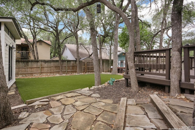 view of yard with a fenced backyard and a deck