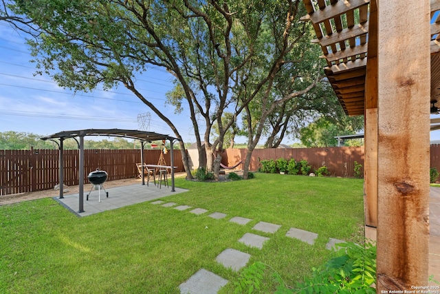 view of yard with a fenced backyard and a patio area
